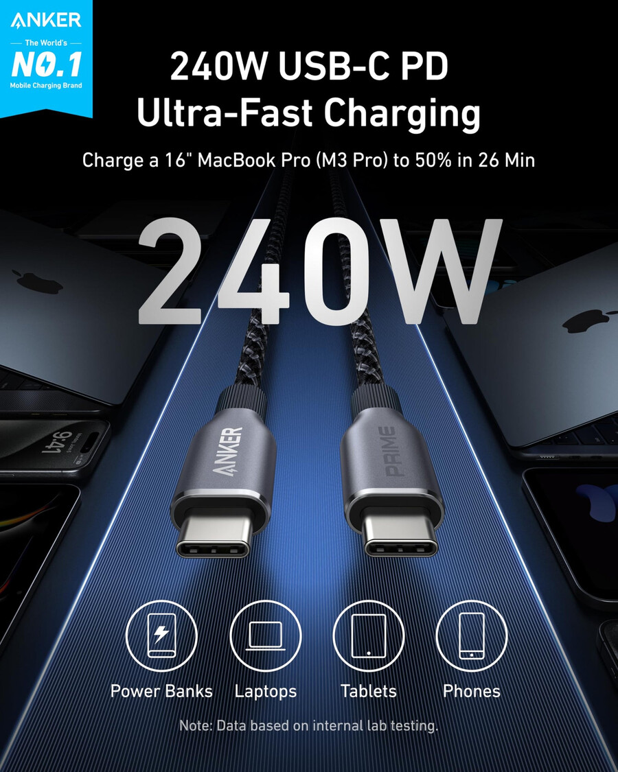 anker prime usb-c na usb-c kabel 240 w reciklirani pleteni