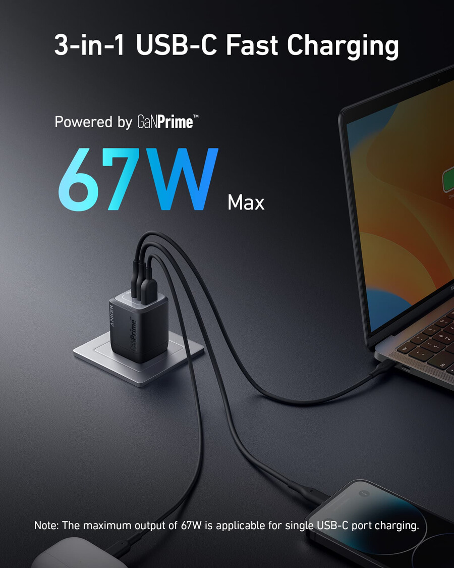 anker prime 67w gan zidni punjač 3 priključka