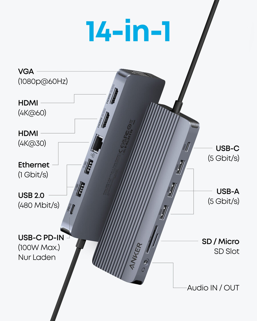 anker usb-c hub 14-u-1 trostruki zaslon
