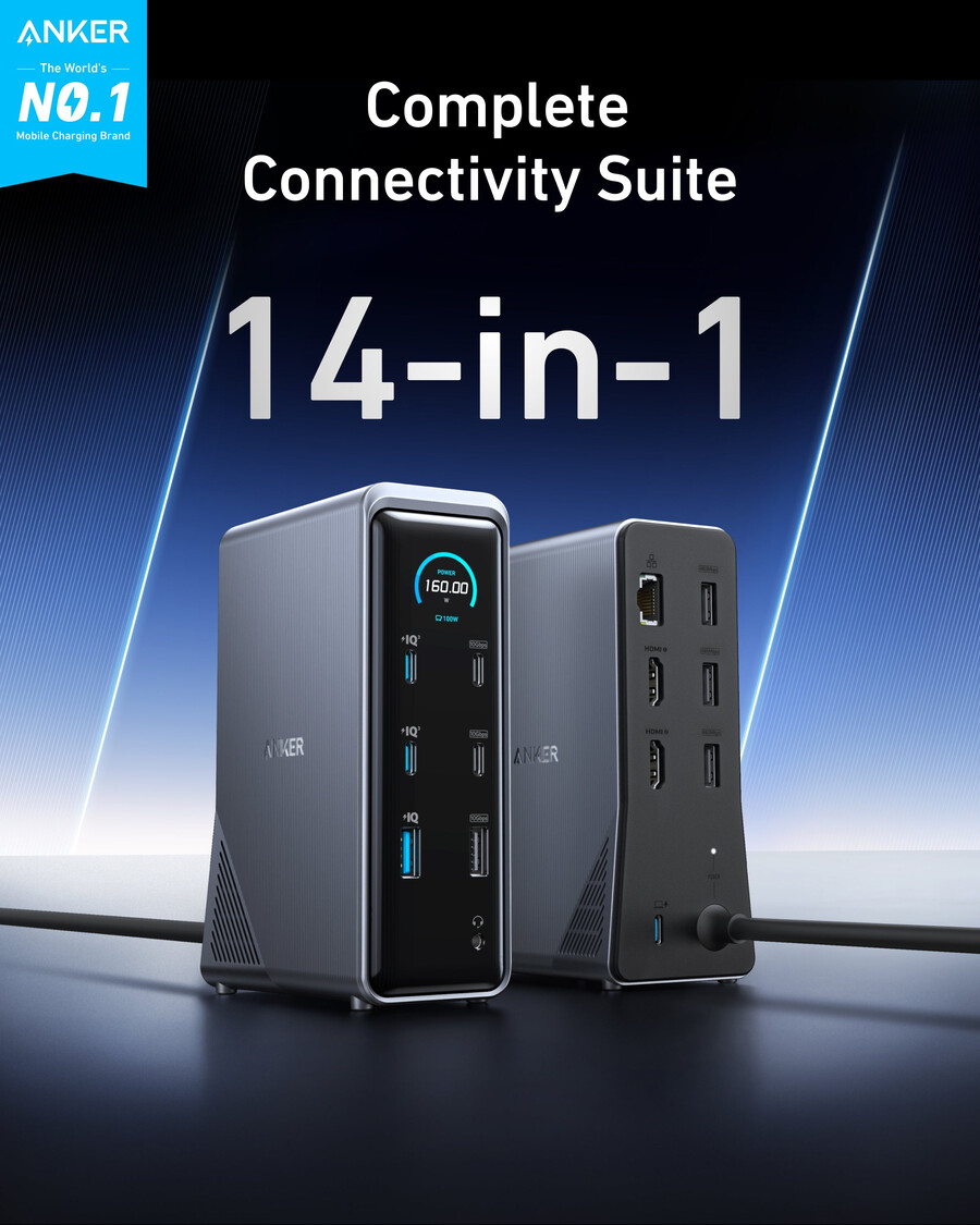 anker prime priključna stanica za punjenje 14-u-1 dvostruki zaslon 160 w
