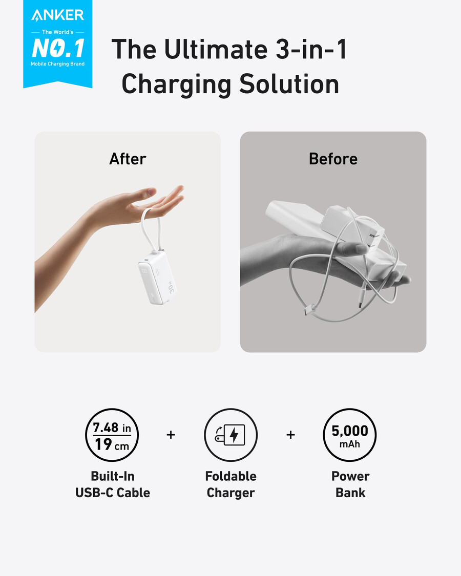 anker power bank 30w 5k fusion ugrađeni usb-c kabel