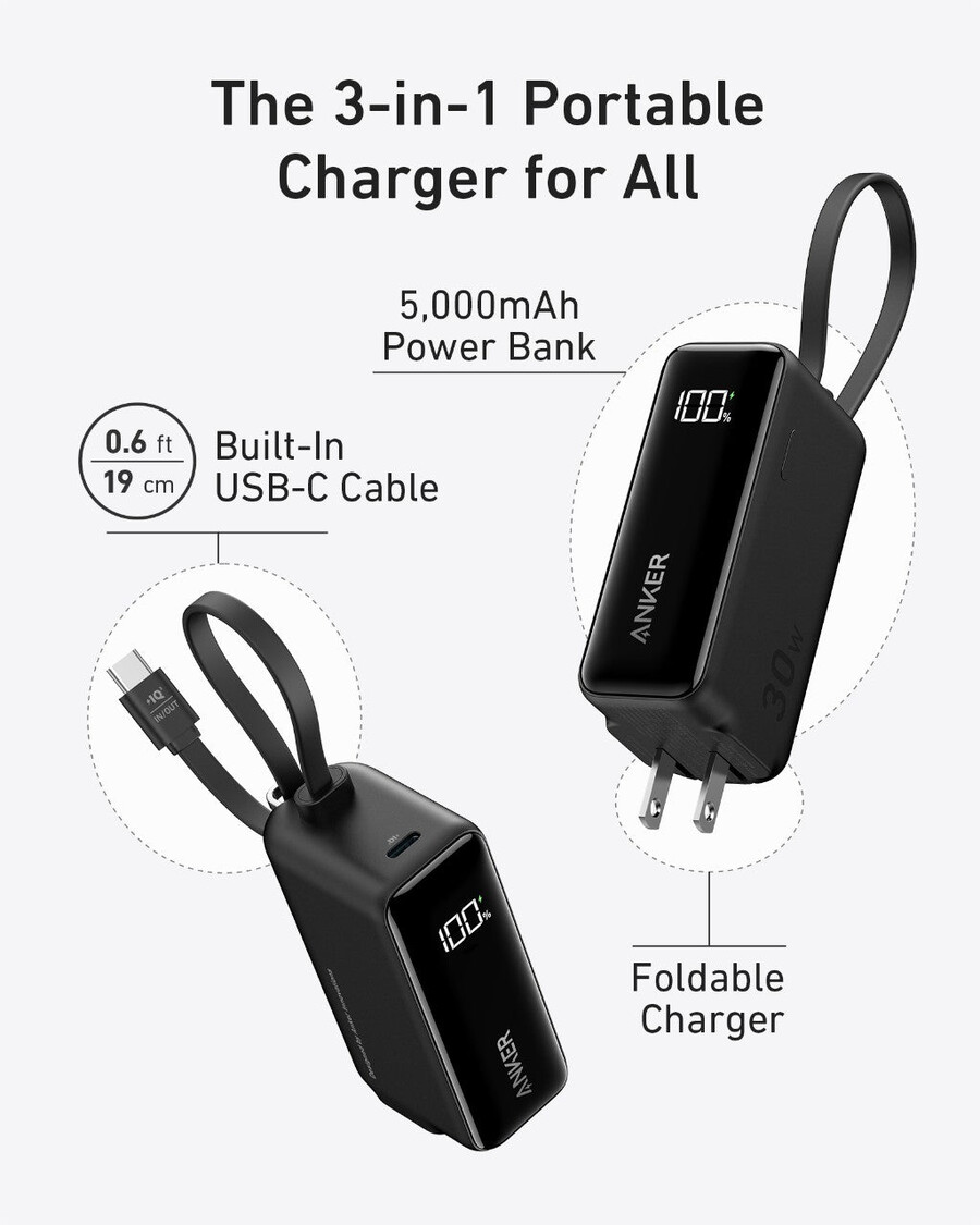 anker power bank 30w 5k fusion ugrađeni usb-c kabel