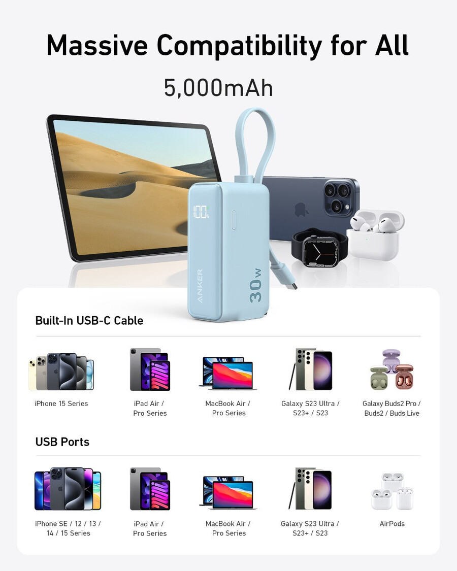 anker power bank 30w 5k fusion ugrađeni usb-c kabel